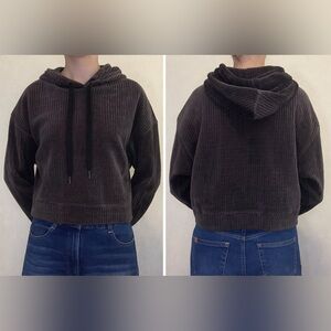 Avec Les Filles Charcoal Ribbed Velour Cropped Hoodie